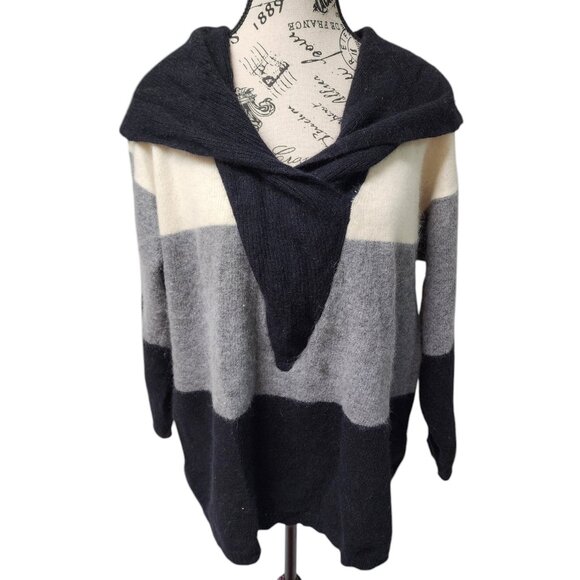 Richard & Company Women´s Hooded Sweater Large Striped Black Gray Cream Knit - Picture 1 of 13